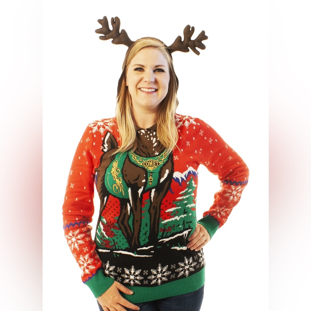 Reindeer Hoodie Red | Ugly Christmas Sweater For Men & Women | Unisex Size 2XL